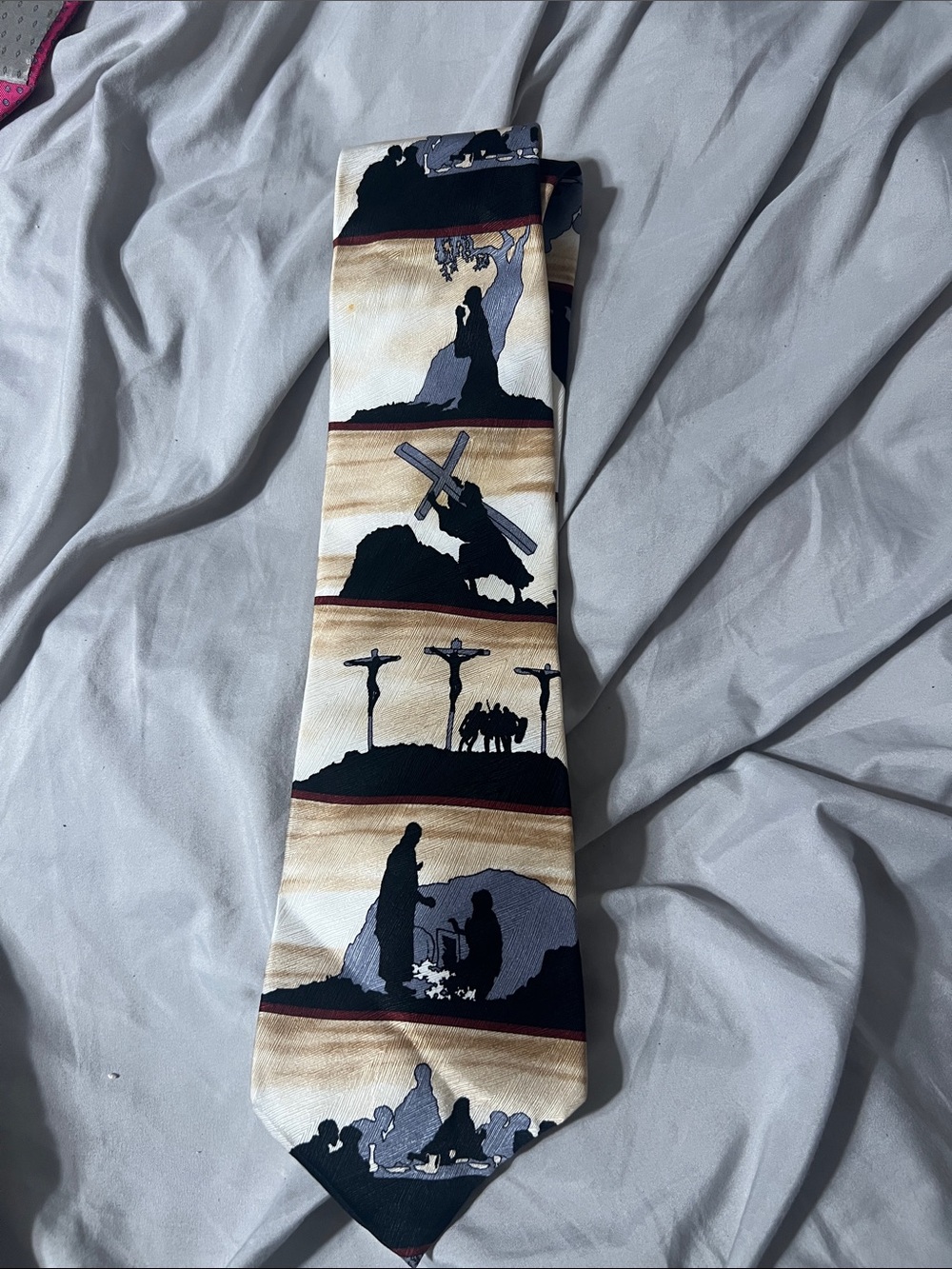 Religious Scene Necktie in Beige and Black - Unbranded